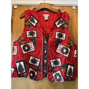 Talbots Vest Womens XL ? Red Vintage Christmas Wreath Holiday Red Green Artsy